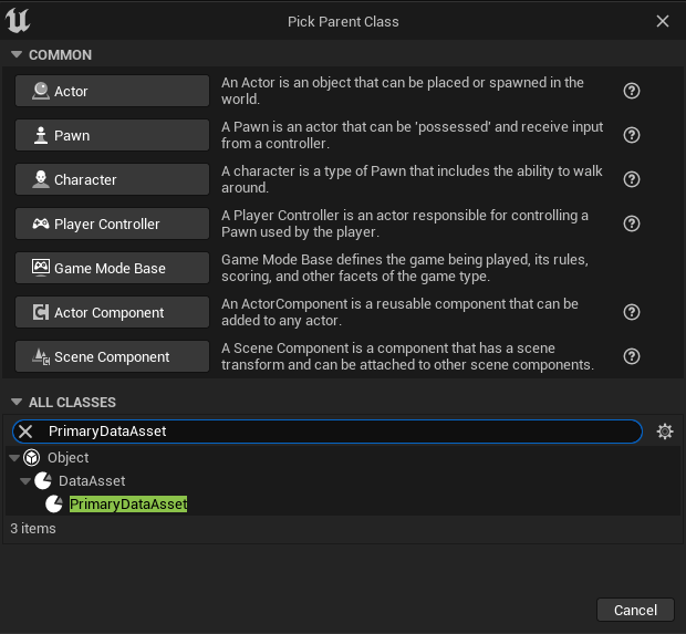 Inherits from PrimaryDataAsset